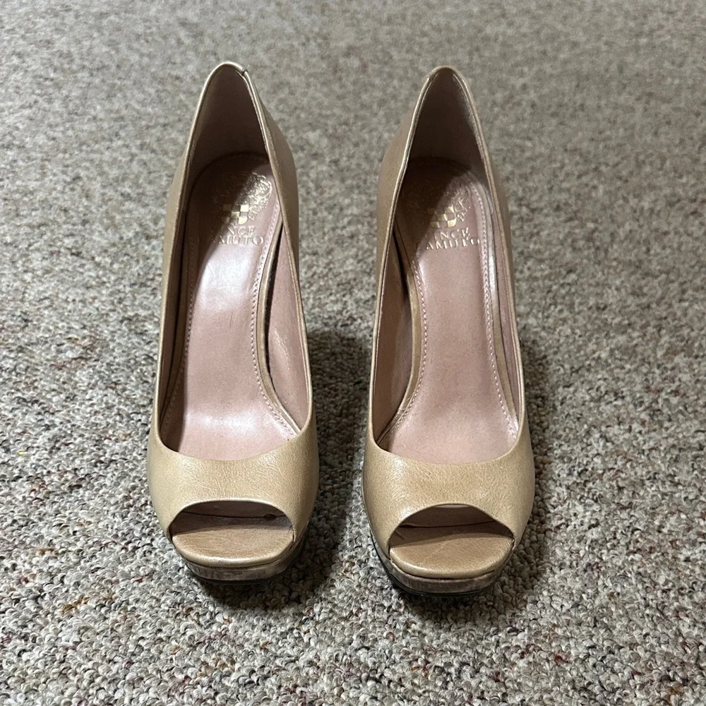 Vince Camuto Tan Peep-Toe Block Heels - Picture 2 of 8